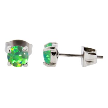 STEEL PRONG SET SYNTHETIC OPAL EAR STUDS - 5MM LIME GREEN