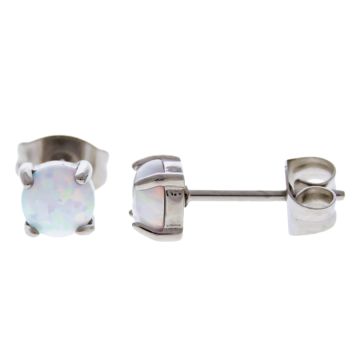 STEEL PRONG SET SYNTHETIC OPAL EAR STUDS - 5MM WHITE