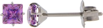 Titanium Stud Earring with Prong Set Square Premium Zirconia-3MM-FANCY PURPLE