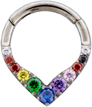 V shaped Titanium hinged segment ring with rainbow gems-1.2MM (16G)-8MM (5/16