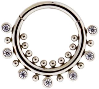 TITANIUM HINGED RING WITH BEZEL SET CLEAR GEMS AND BEADS-1.2MM (16G)-8MM (5/16